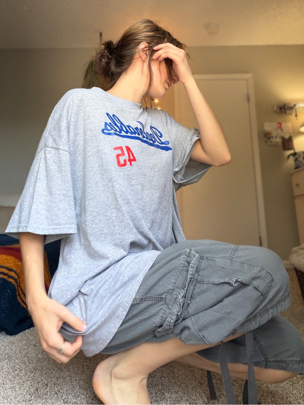 Grey Graphic Tee with Blue Script and Red 45 with the grey baggy shorts